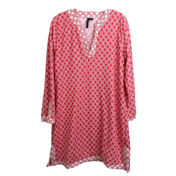 Aqua Et Sol Tunic Dress Womens Size L Red Orange UPF Long Sleeve Preppy V-Neck - Picture 1 of 9